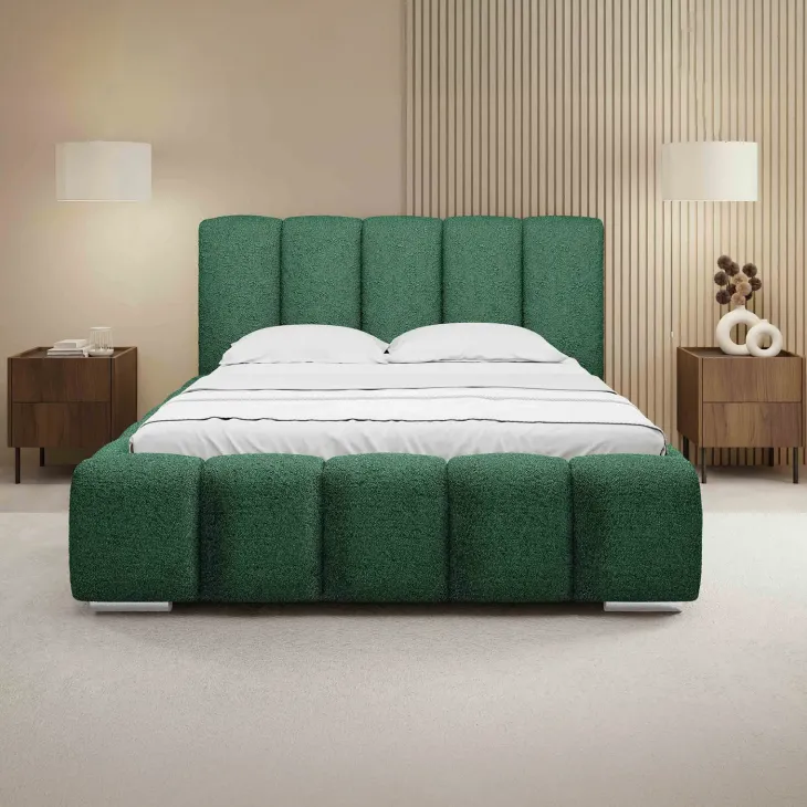 Letto matrimoniale 160x200 cm con rete contenitore imbottito tessuto bouclé verde Cometa