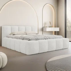 Letto matrimoniale 160x200cm con rete contenitore imbottito tessuto bouclé bianco Aluna