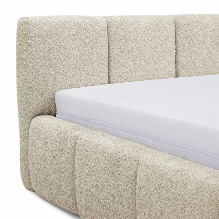 Letto matrimoniale 160x200cm con rete contenitore imbottito tessuto bouclé beige Aluna