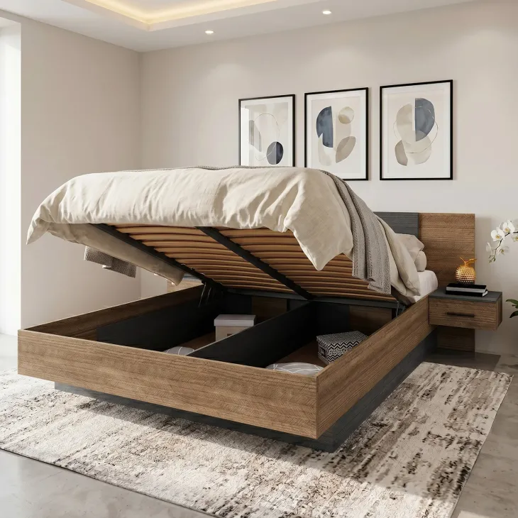 Letto matrimoniale 160x200 cm contenitore con comodini rovere scuro nero frassinato Loly