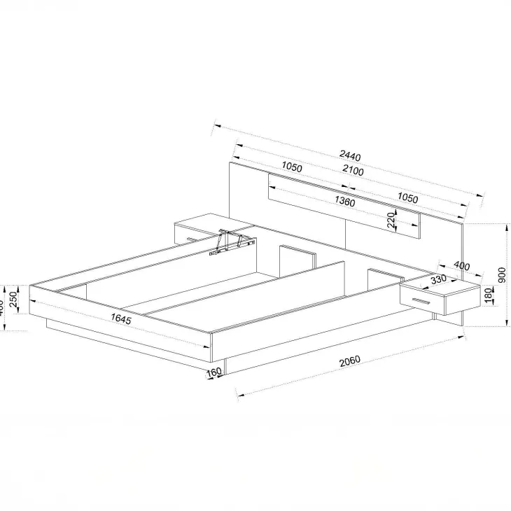 Letto matrimoniale 160x200 cm contenitore con comodini rovere scuro nero frassinato Loly
