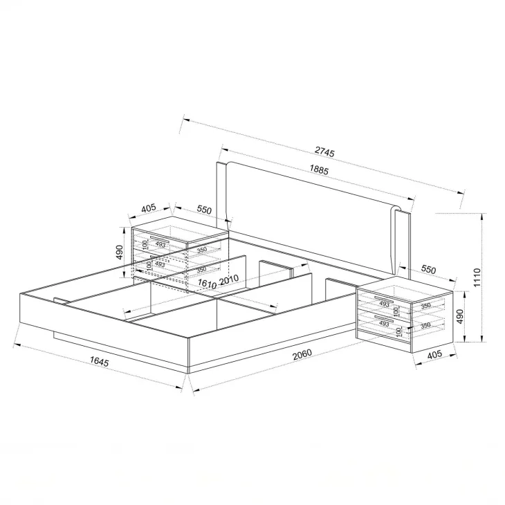 Letto matrimoniale 160x200 cm contenitore con comodini rovere chiaro e rovere scuro Pitigliano
