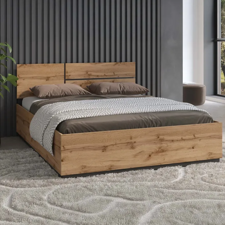 Letto matrimoniale 160x200cm contenitore con rete a doghe testiera reversibile rovere Lolla