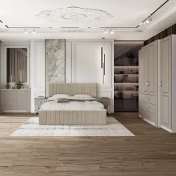 Letto matrimoniale 160x200 cm imbottito con contenitore tessuto beige Emporio