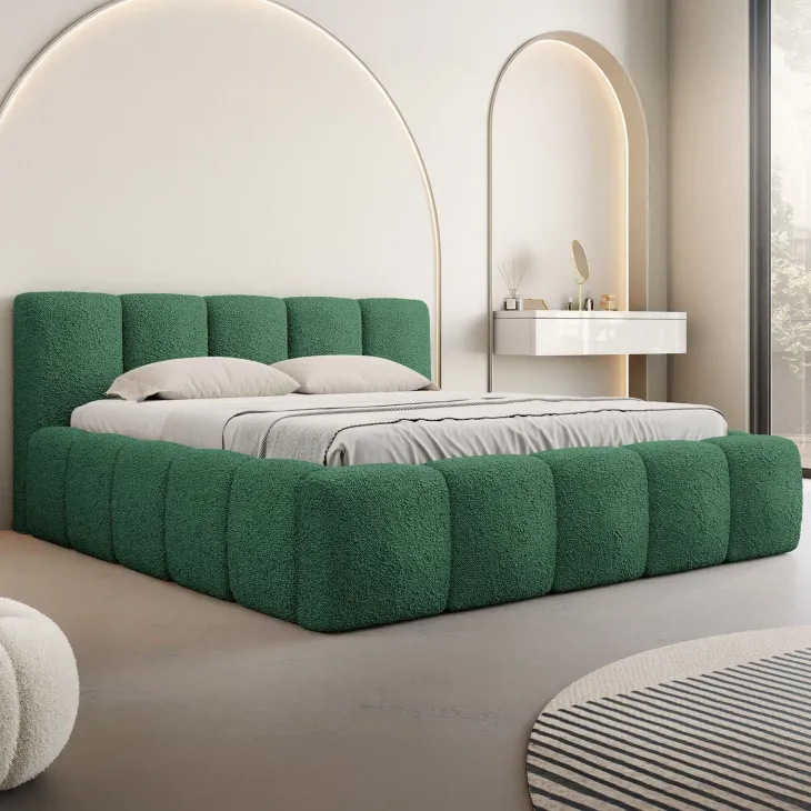 Letto oversize 180x200cm con rete contenitore imbottito tessuto bouclé verde Aluna