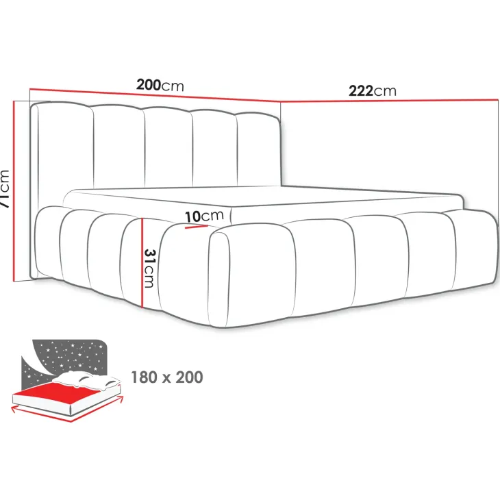 Letto oversize 180x200cm con rete contenitore imbottito nero Aluna