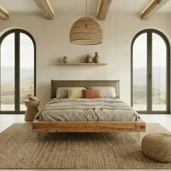 Letto oversize 180x200cm testiera imbottita piedi in vetro legno massello rovere tortora Resilia