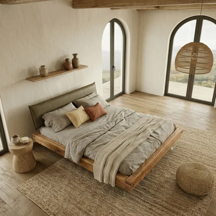 Letto oversize 180x200cm testiera imbottita piedi in vetro legno massello rovere tortora Resilia
