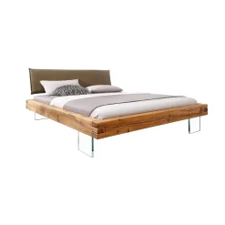 Letto oversize 180x200cm testiera imbottita piedi in vetro legno massello rovere tortora Resilia