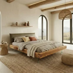 Letto oversize 180x200cm testiera imbottita piedi in vetro legno massello rovere tortora Resilia