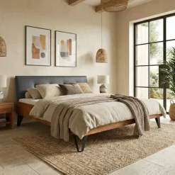 Letto oversize 180x200cm testiera imbottita piedi in metallo legno massello rovere antracite Cortelia
