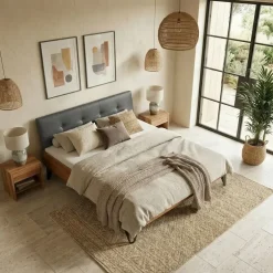 Letto oversize 180x200cm testiera imbottita piedi in metallo legno massello rovere antracite Cortelia