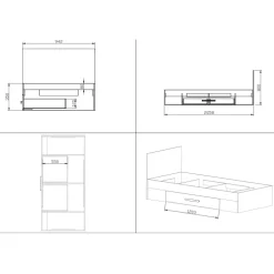 Letto singolo cameretta 90x200cm reversibile con cassettone rovere antracite Chiaretto