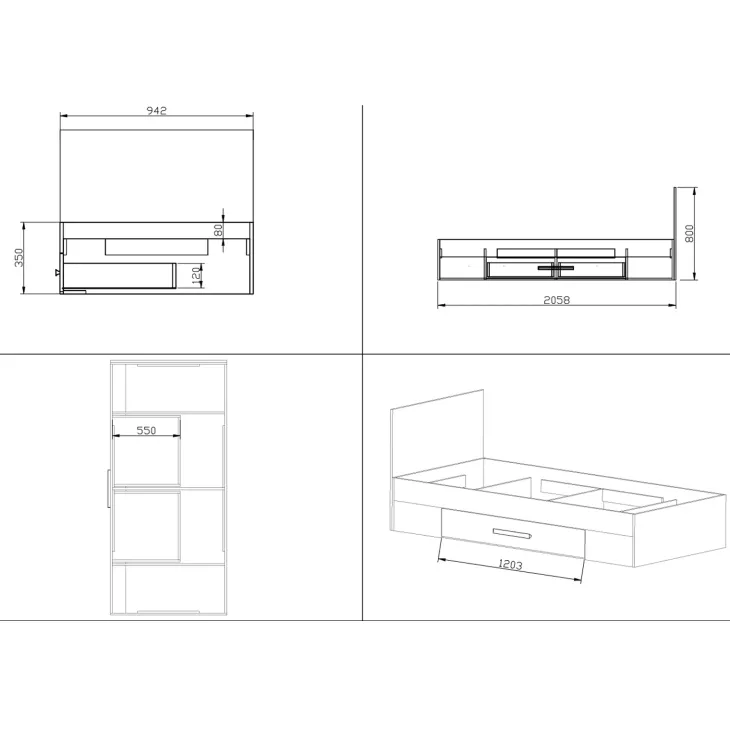 Letto singolo cameretta 90x200cm reversibile con cassettone rovere antracite Chiaretto