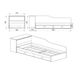 Letto singolo con comò e cassettoni 82x190cm rovere sonoma Catullo
