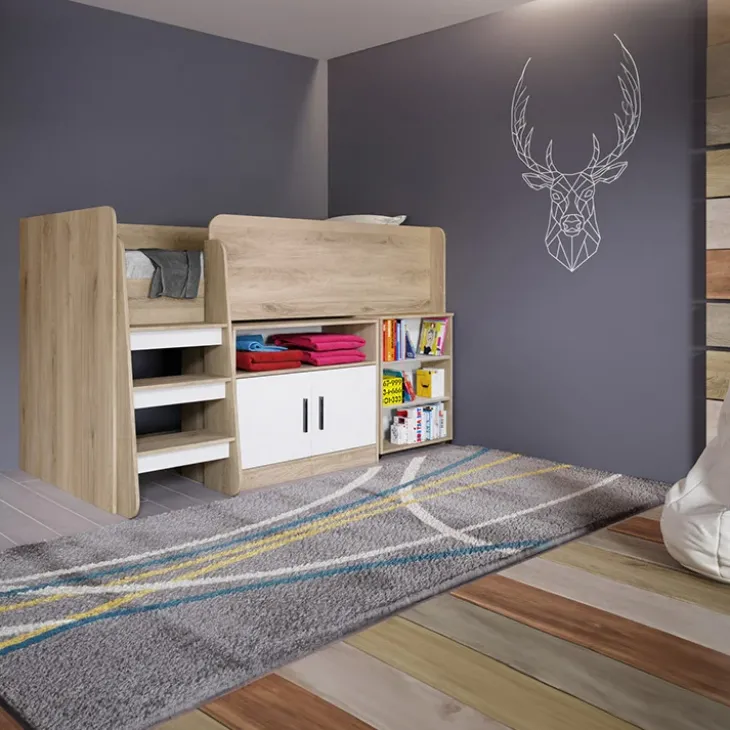 Letto singolo 90x200cm a soppalco rovere sonoma bianco opaco Erick