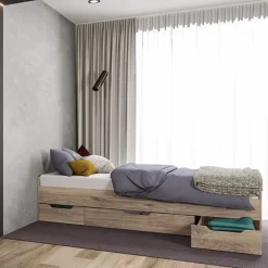 Letto singolo 90x200cm 3 cassetti rovere chiaro Kabala