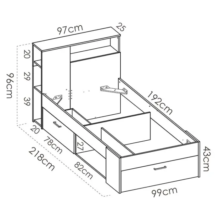 Letto singolo 90x190cm con cassettoni e libreria rovere grafite Derby
