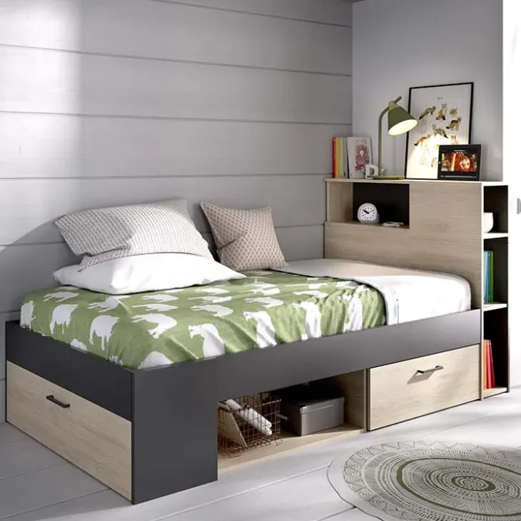 Letto singolo 90x190cm con cassettoni e libreria rovere grafite Derby