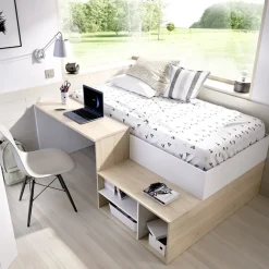 Letto singolo 90x190cm con cassetti e scrivania bianco rovere Adrian