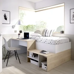 Letto singolo 90x190cm con cassetti e scrivania bianco rovere Adrian