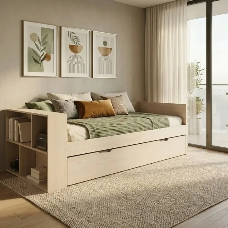 Letto singolo 90x200cm con letto estraibile e libreria reversibile rovere Claudio
