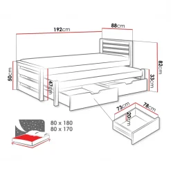Letto singolo 80x180cm con letto estraibile e 2 cassettoni bianco opaco Kido