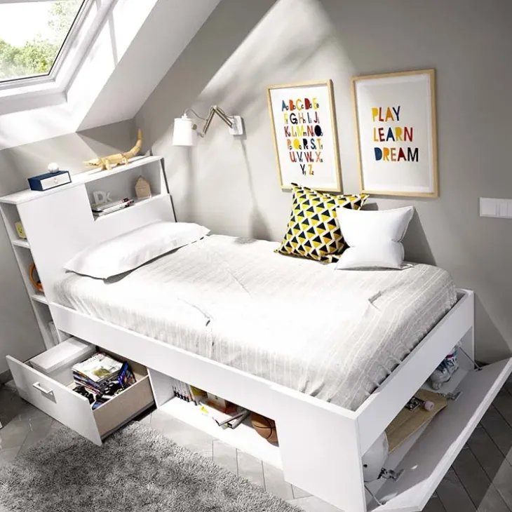 Letto singolo 90x190cm reversibile 2 cassetti con libreria bianco Derby