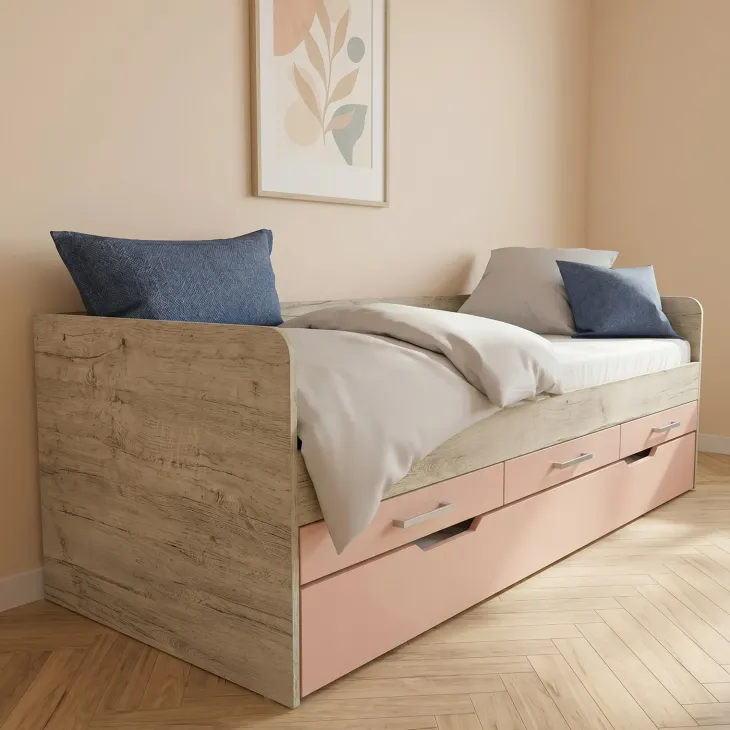 Letto singolo 90x200 con letto estraibile e 3 cassetti bianco frassinato rosa Bra