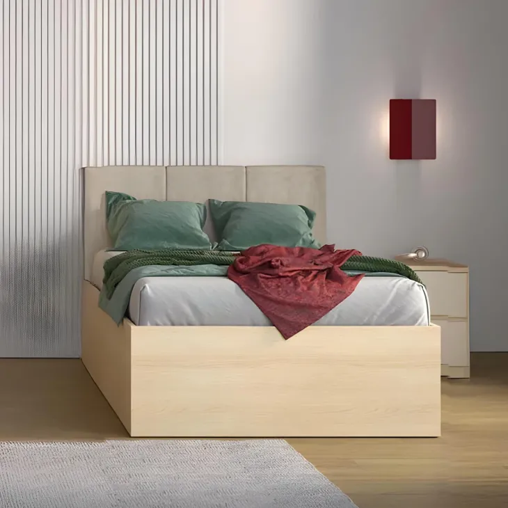 Letto una piazza e mezzo 120x200cm contenitore con rete a doghe testiera imbottita rovere Elvira