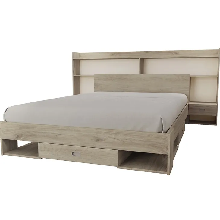 Letto 140x200cm alla francese con cassettoni e libreria rovere sonoma Danubio
