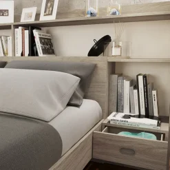 Letto 140x200cm alla francese con cassettoni e libreria rovere sonoma Danubio