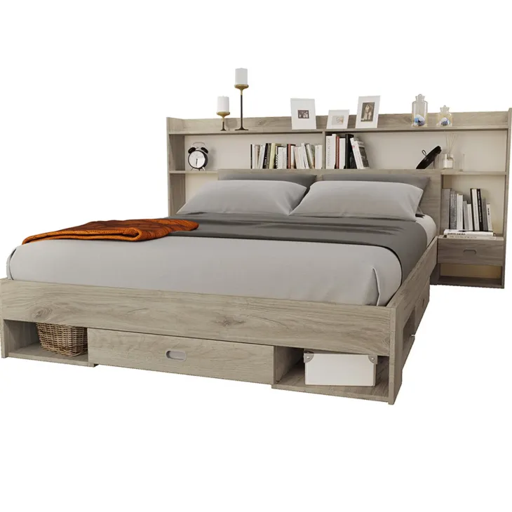 Letto 140x200cm alla francese con cassettoni e libreria rovere sonoma Danubio