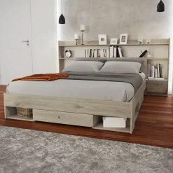 Letto 140x200cm alla francese con cassettoni e libreria rovere sonoma Danubio