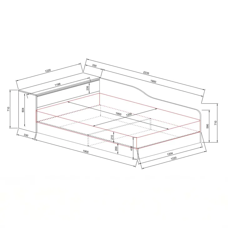 Letto 120x190cm contenitore una piazza e mezza con comò rovere sonoma Joel
