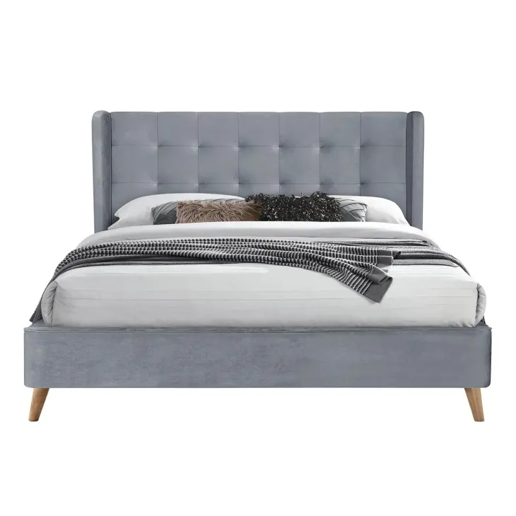 Letto 160x200cm matrimoniale imbottito in velluto con rete a doghe grigio Resty