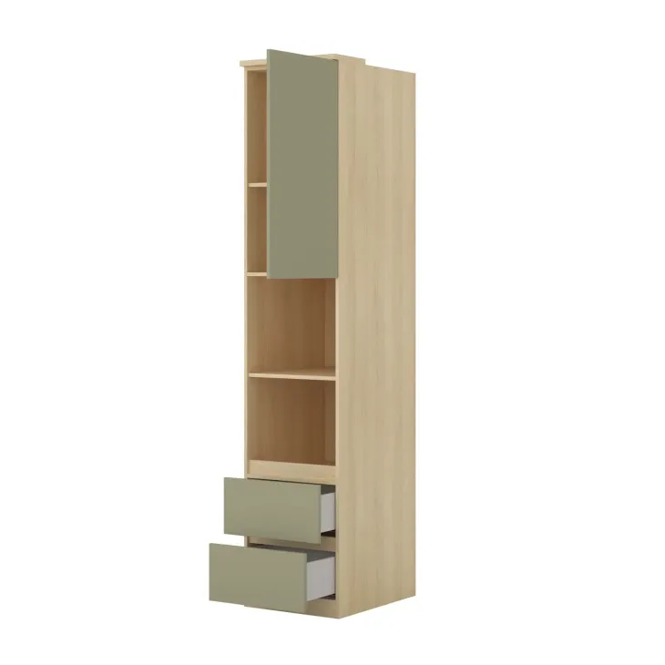 Libreria a colonna 45x215h cm 1 anta 2 ripiani 2 cassetti verde salvia rovere Elvira