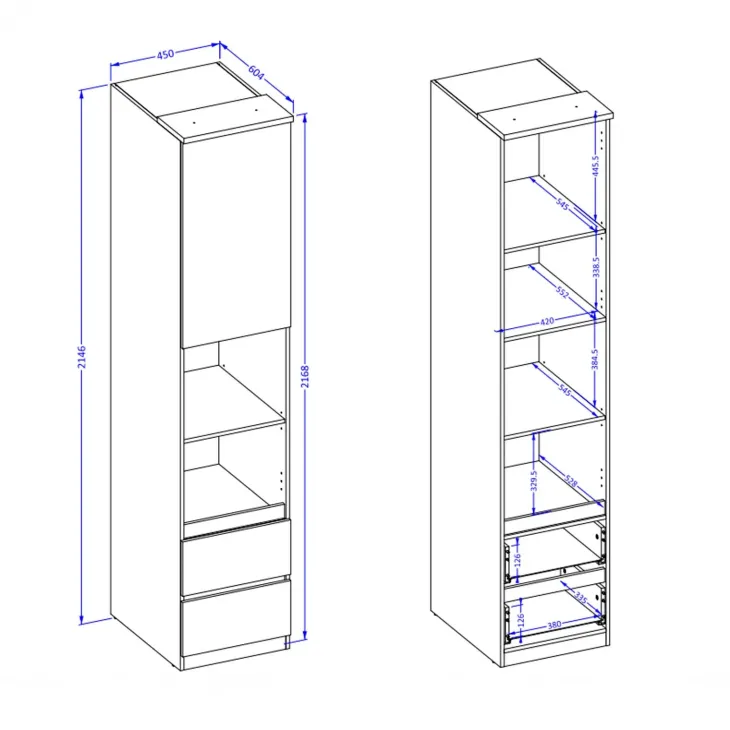 Libreria a colonna 45x215h cm 1 anta 2 ripiani 2 cassetti verde salvia rovere Elvira