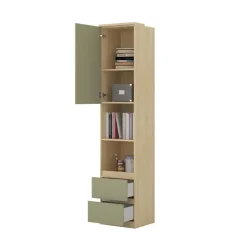 Libreria a colonna 45x215h cm 1 anta 2 vani a vista 2 cassetti verde salvia rovere Elvira