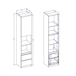 Libreria a colonna 45x215h cm 1 anta 2 vani a vista 2 cassetti verde salvia rovere Elvira