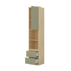 Libreria a colonna 45x215h cm 1 anta 2 vani a vista 2 cassetti verde salvia rovere Elvira