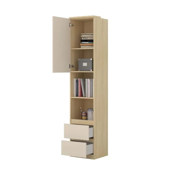 Libreria a colonna 45x215h cm 1 anta 2 vani a vista 2 cassetti beige cashmere rovere Elvira