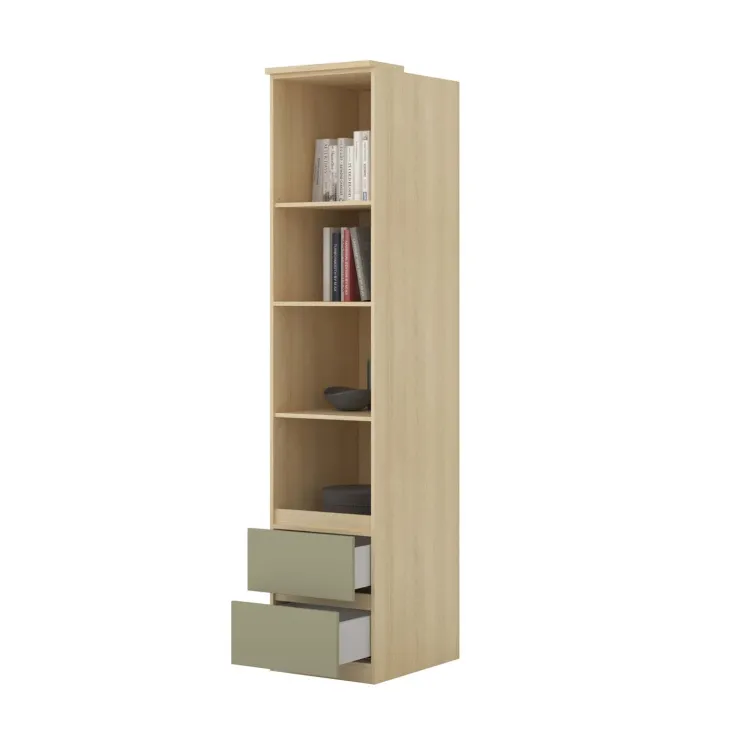 Libreria a colonna 45x215h cm 4 ripiani 2 cassetti verde salvia rovere Elvira