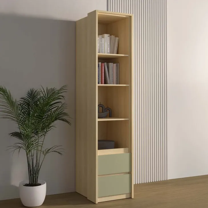 Libreria a colonna 45x215h cm 4 ripiani 2 cassetti verde salvia rovere Elvira