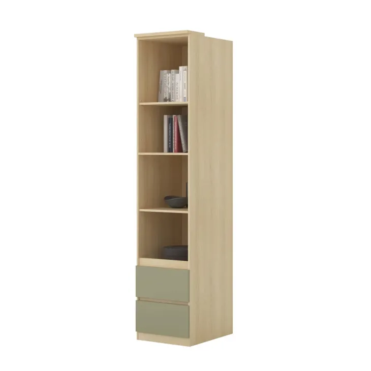 Libreria a colonna 45x215h cm 4 ripiani 2 cassetti verde salvia rovere Elvira