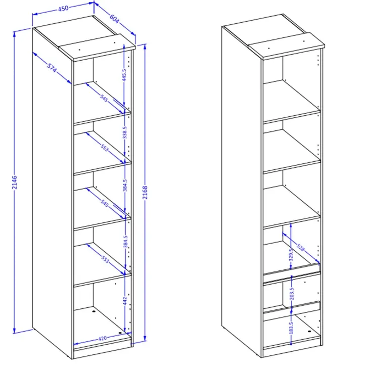 Libreria a colonna 45x215h cm 4 ripiani rovere Elvira