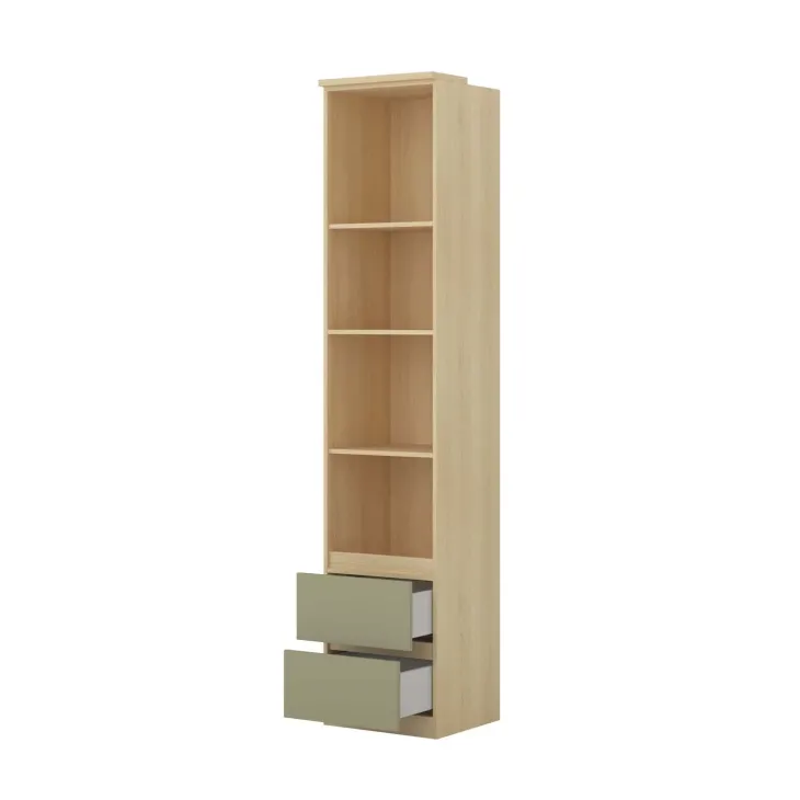 Libreria a colonna 45x215h cm 4 vani a vista 2 cassetti verde salvia rovere Elvira