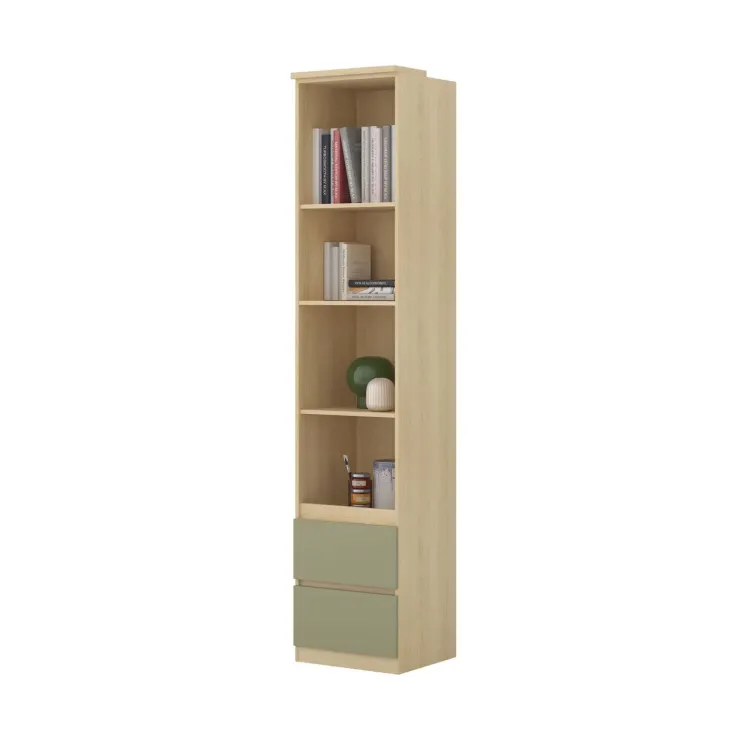 Libreria a colonna 45x215h cm 4 vani a vista 2 cassetti verde salvia rovere Elvira