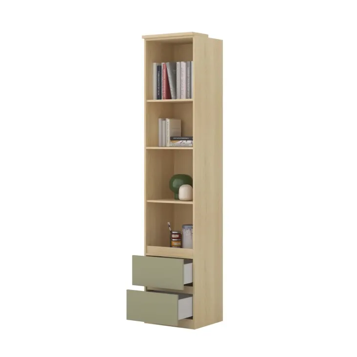 Libreria a colonna 45x215h cm 4 vani a vista 2 cassetti verde salvia rovere Elvira