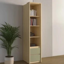 Libreria a colonna 45x215h cm 4 vani a vista 2 cassetti verde salvia rovere Elvira